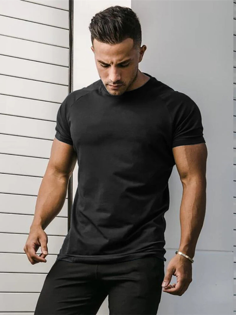 Plain T Shirt Men Casual Short Sleeve Muscle Joggers Bodybuilding Tshirt Male Gym Fitness Tops Tee Slim Fit Summer T-Shirt