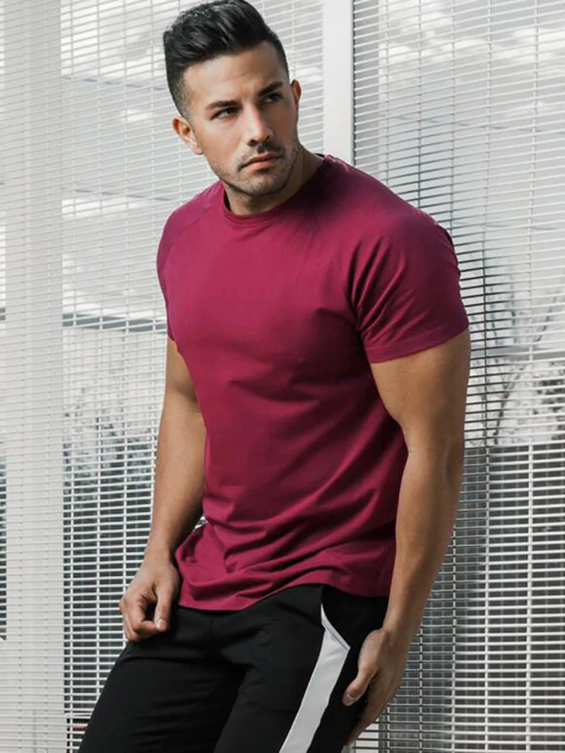 Plain T Shirt Men Casual Short Sleeve Muscle Joggers Bodybuilding Tshirt Male Gym Fitness Tops Tee Slim Fit Summer T-Shirt